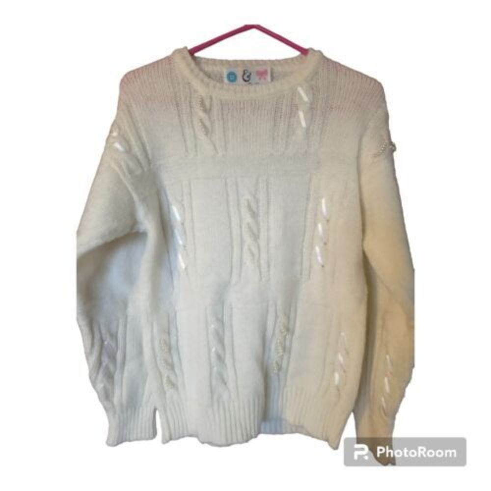 Vintage Button &Bows ‎ Sweater  With Ribbons And PEARLS Design  Sz M Cableknit
